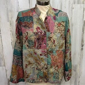 Chico’s Colorful Patchwork Silk Button-Up Jacket